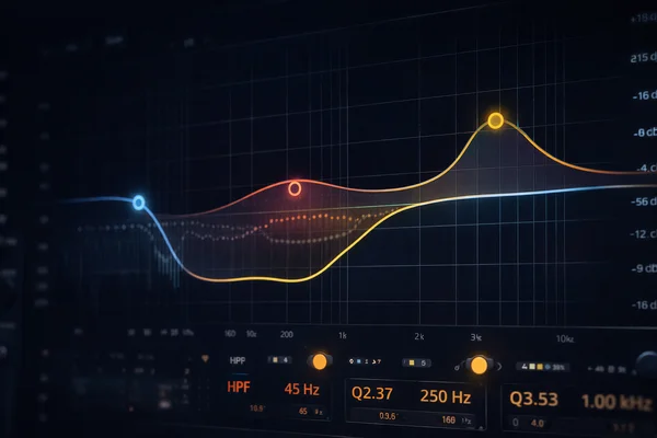 Plugin de ecualización mostrando un filtro paso alto y ajustes quirúrgicos en un bajo
